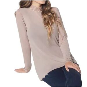 LOGO by Lori Goldstein Sheer Lace Trim Long Sleeve Top in Beige Size XL